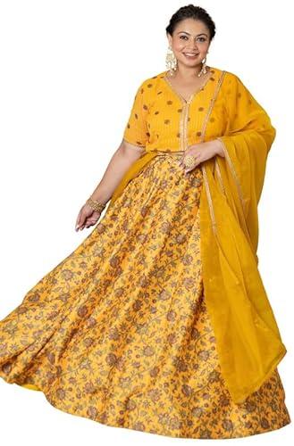 janasya women's plus size mustard crepe silk digital floral printed lehenga choli with dupatta (pset811-lcd-n-xxxl)