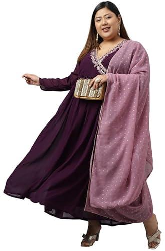 janasya women's plus size wine georgette embellished kurta with dupatta (pj0495-kr-dpt-n-7xl)