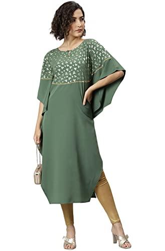 janasya women's poly crepe printed kaftan kurta (jne3781_green_xl)