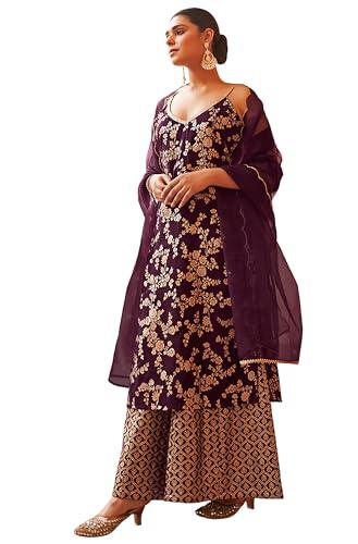 janasya women's purple brocade woven design kurta with palazzo and dupatta(set792-kr-pp-a-s)