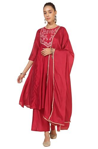 janasya women's red chanderi embellished kurta with palazzo and dupatta(set839-kr-pp-m)