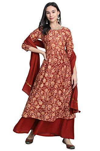 janasya women's rust poly muslin kurta with palazzo and dupatta (j0235_maroon_xxx-large)