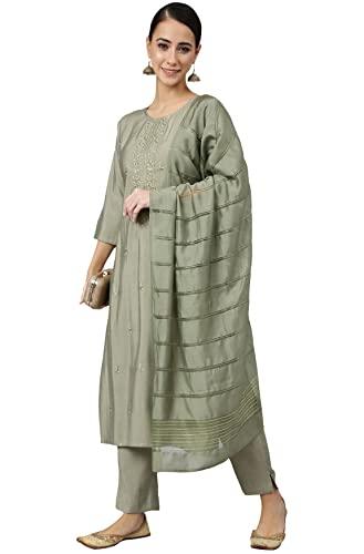 janasya women's sage green viscose blend embroidered kurta with pant and dupatta(set507-kr-np-a-xs)