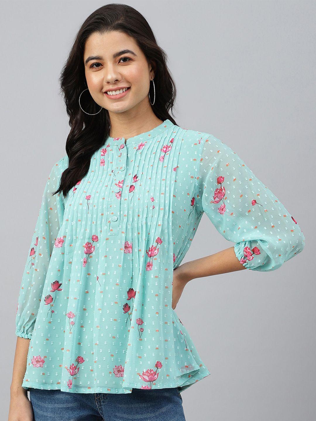 janasya women's sea green dobby georgette floral print flared top