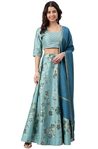 janasya women's sea green poly silk gold print lehenga choli with dupatta