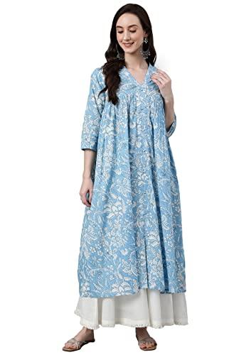 janasya women's sky blue cotton floral printed flared kurta(jne4006-kr-xxxl)