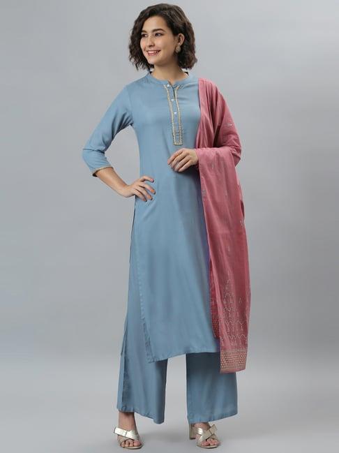 janasya women's solid 3/4 sleeve blue rayon straight kurta with blue partially elasticated rayon palazzo