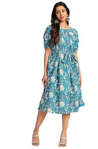 janasya women's teal cotton floral empire dress(jne4398-dr-m)