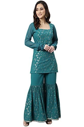 janasya women's teal crepe gold print kurta with gharara(set455-kr-gha-xl)