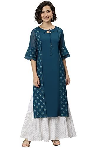 janasya women's teal poly crepe ethnic motifs kurta(teal_xxx-large)