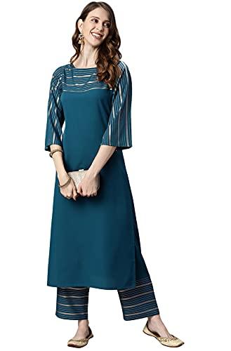 janasya women's teal poly crepe striped kurta with palazzo(set291-kr-pp-l)