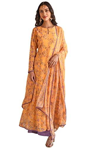 janasya women's yellow georgette floral print kurta with flared palazzo and dupatta(j0452-kr-pp-m)