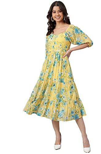 janasya women's yellow georgette floral printed flared western dress(j0433-dr-s)