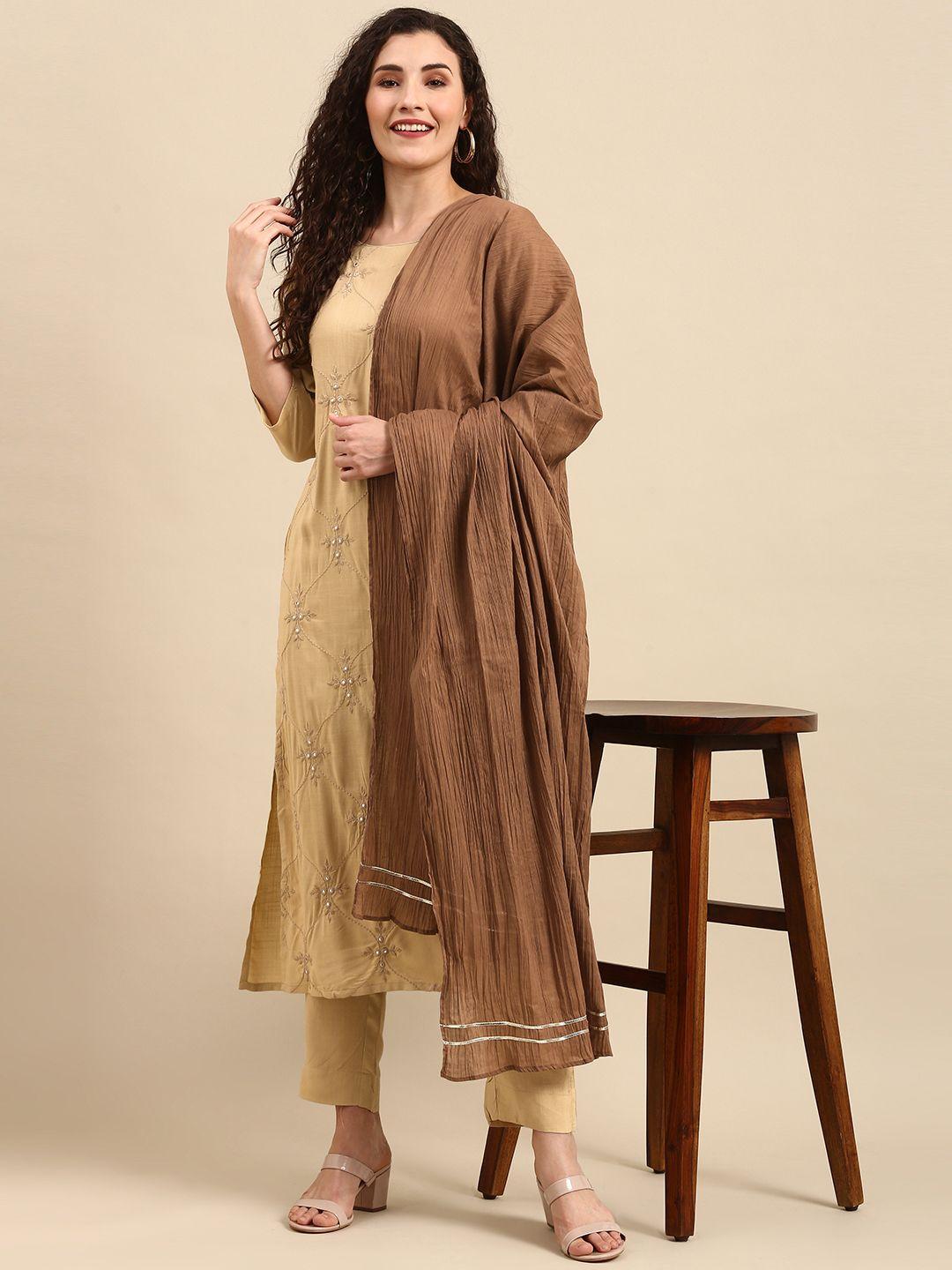 janasya women beige ethnic motifs embroidered kurta set with dupatta