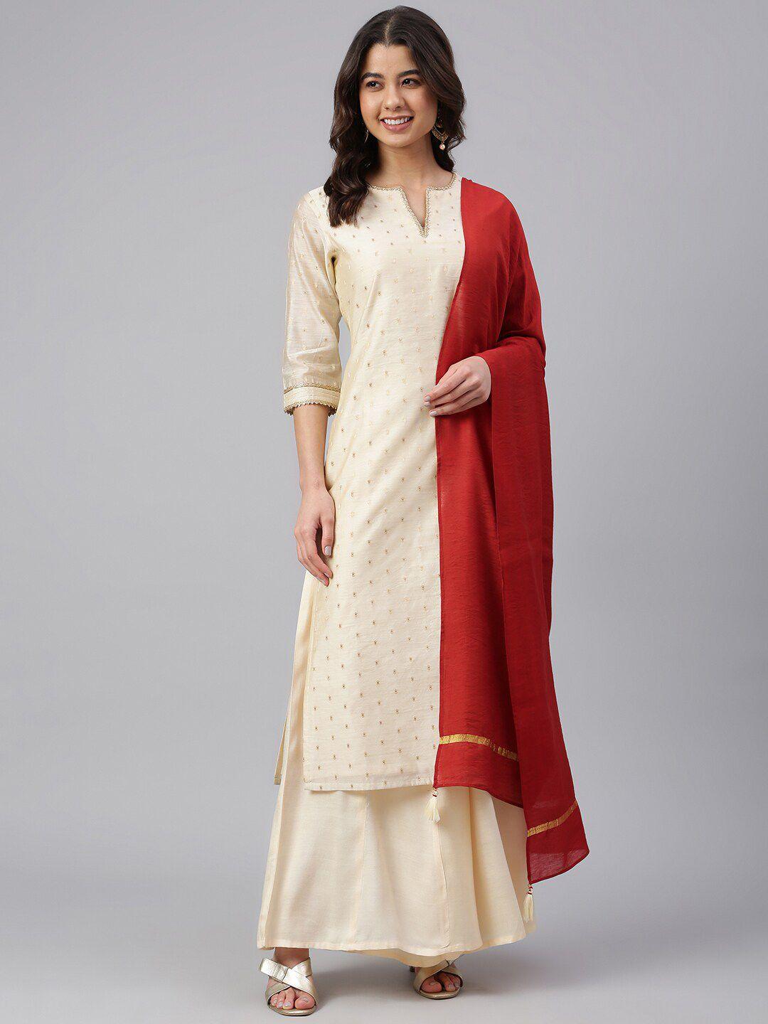 janasya women beige printed gotta patti chanderi silk kurta with palazzos & with dupatta