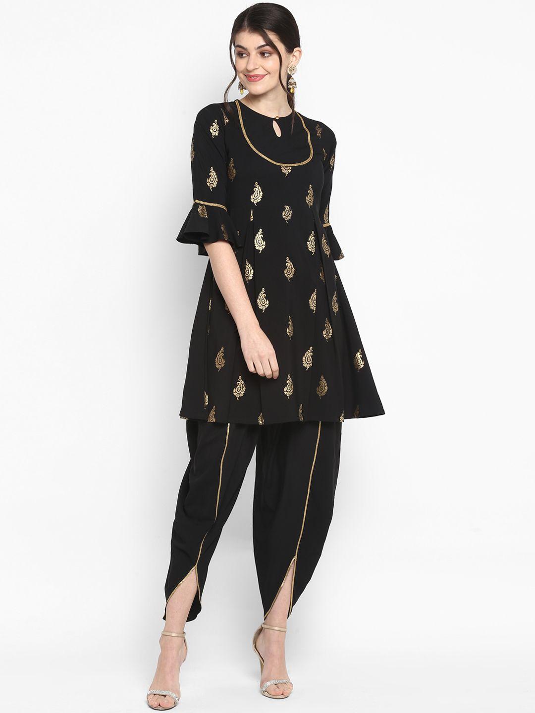 janasya women black & gold-toned printed kurta with dhoti pants