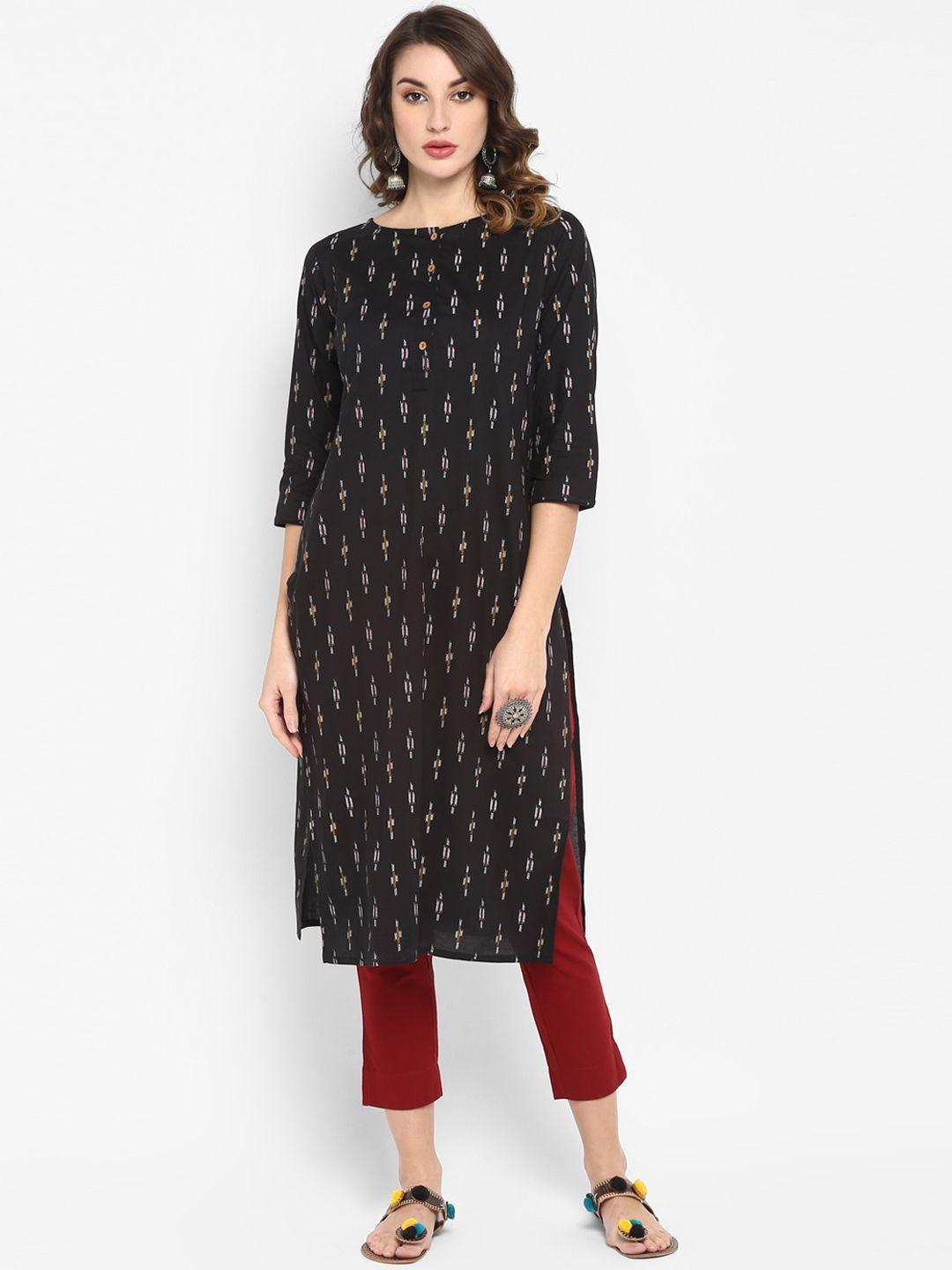 janasya women black & grey ikat printed straight kurta