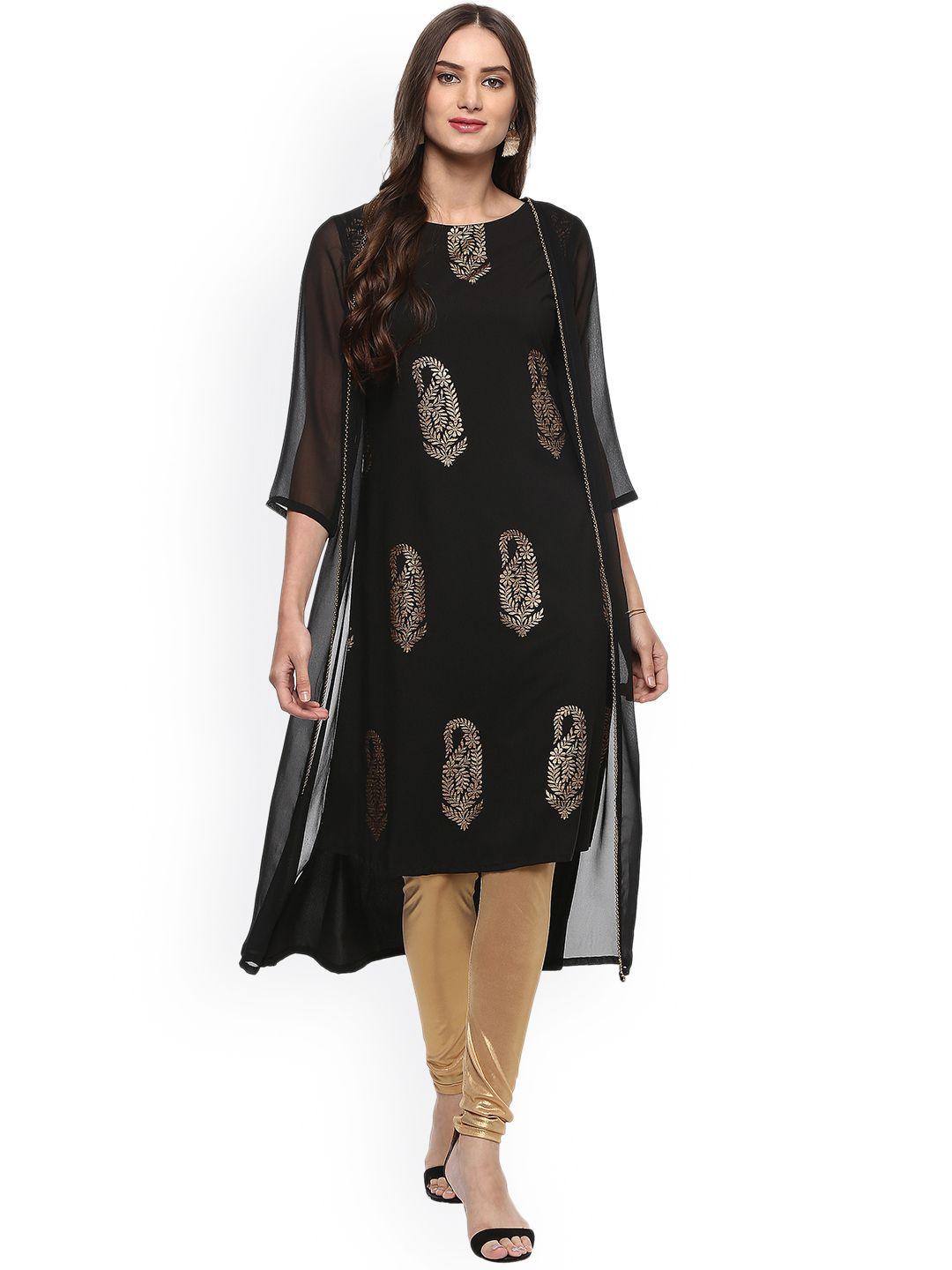 janasya women black printed layered a-line kurta