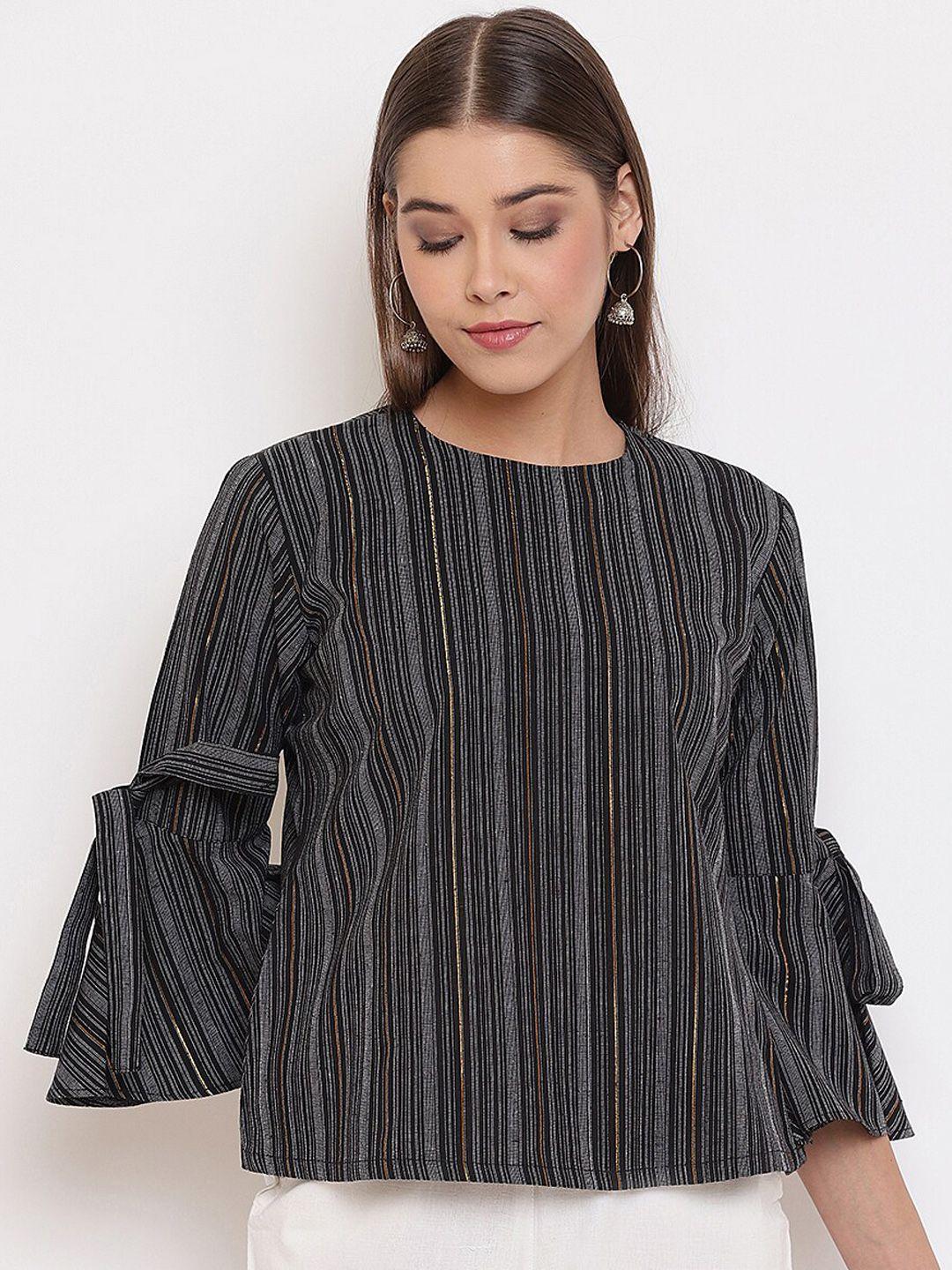 janasya women black striped pure cotton top