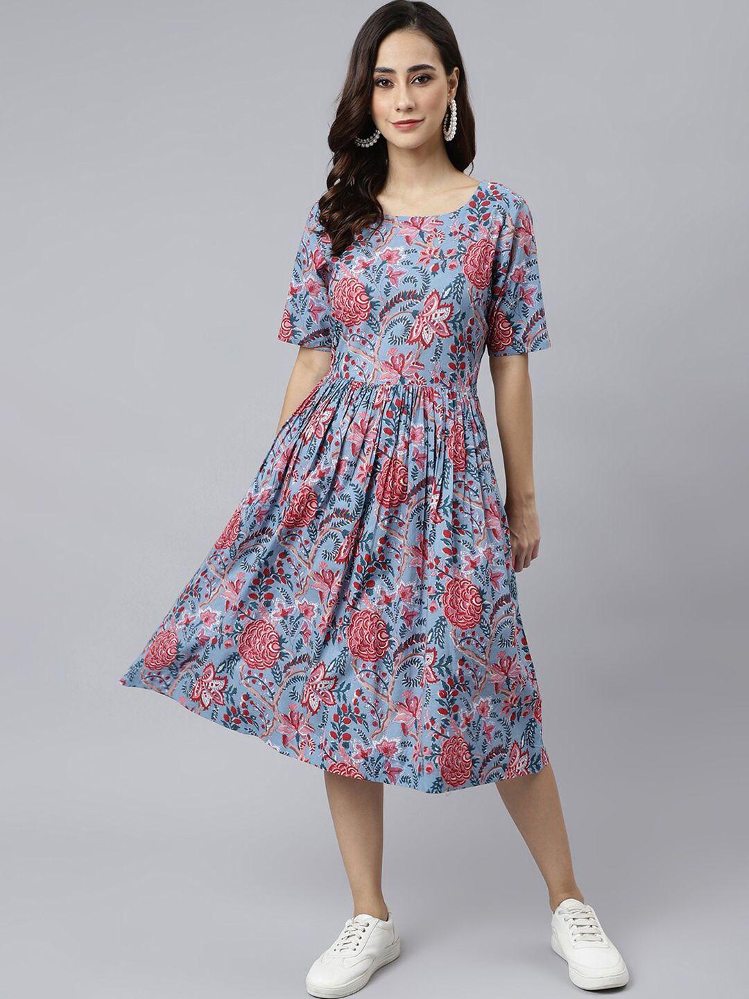 janasya women blue & pink floral printed cotton flared midi dress