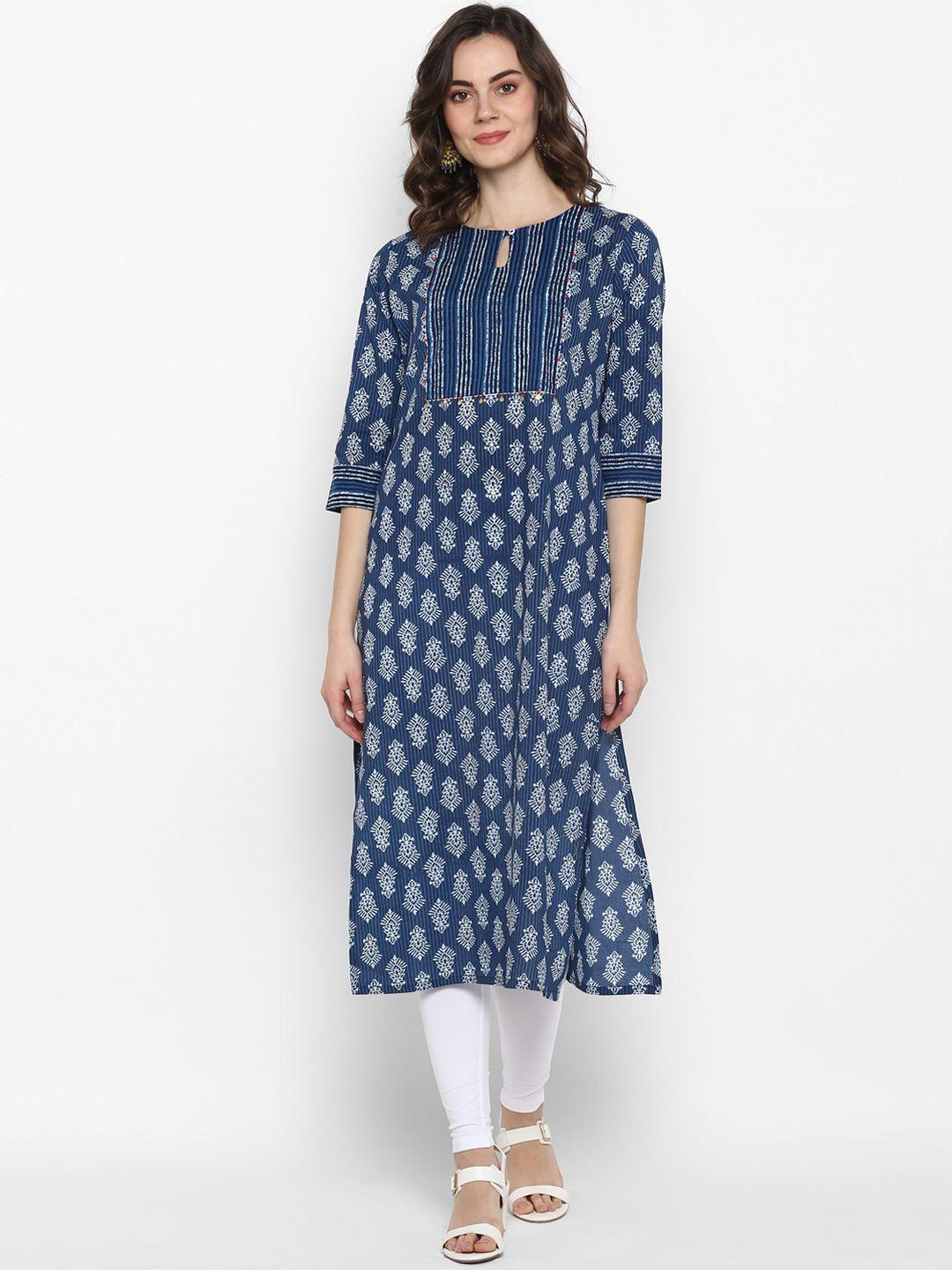 janasya women blue & white printed straight kurta