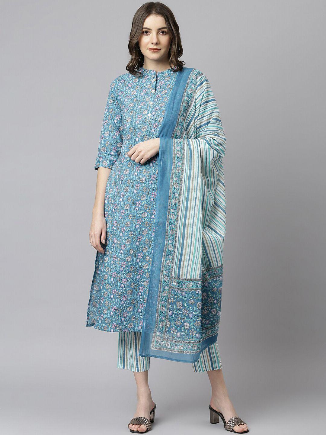 janasya women blue cotton floral print kurta with pant and dupatta