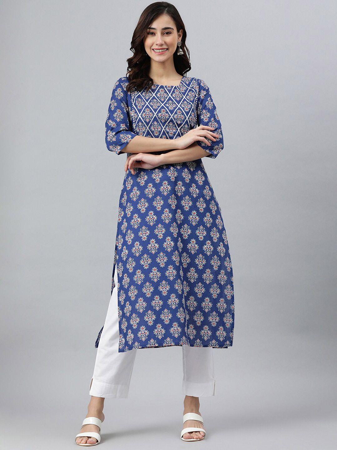 janasya women blue cotton floral print straight kurta