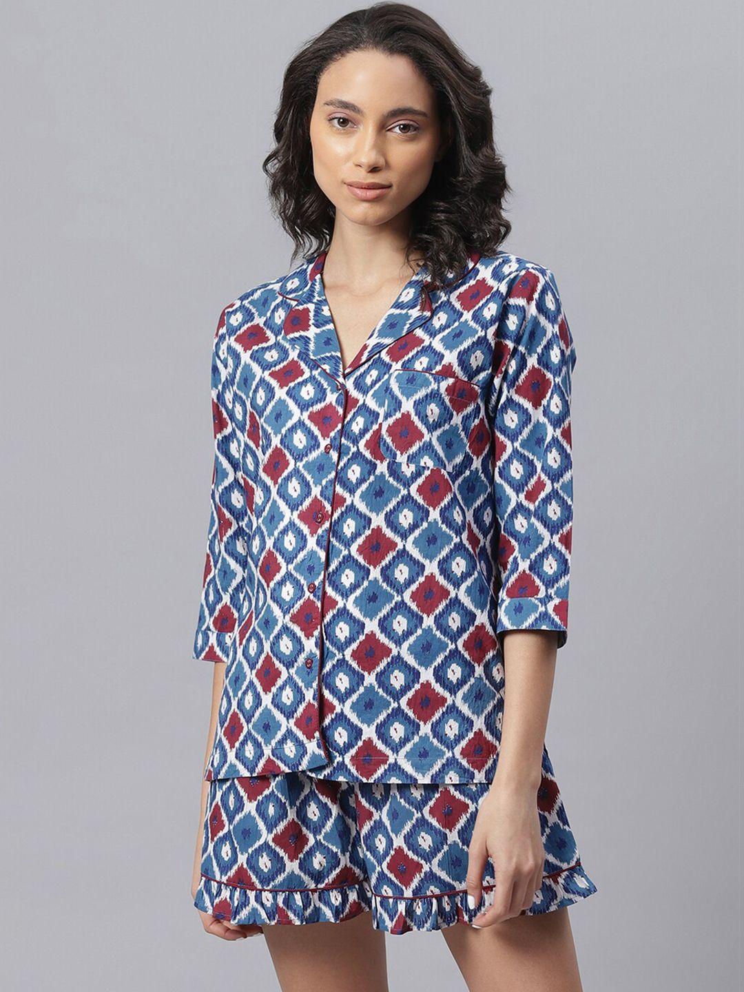 janasya women blue ethnic motifs cotton shirt with shorts