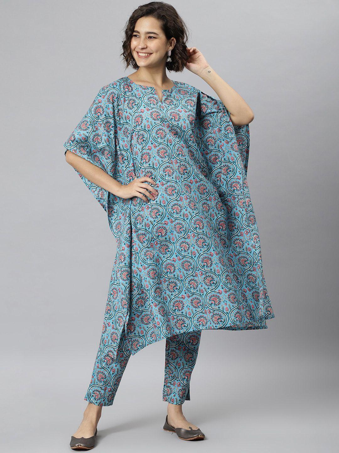 janasya women blue ethnic motifs printed regular pure cotton kaftan kurta with trousers