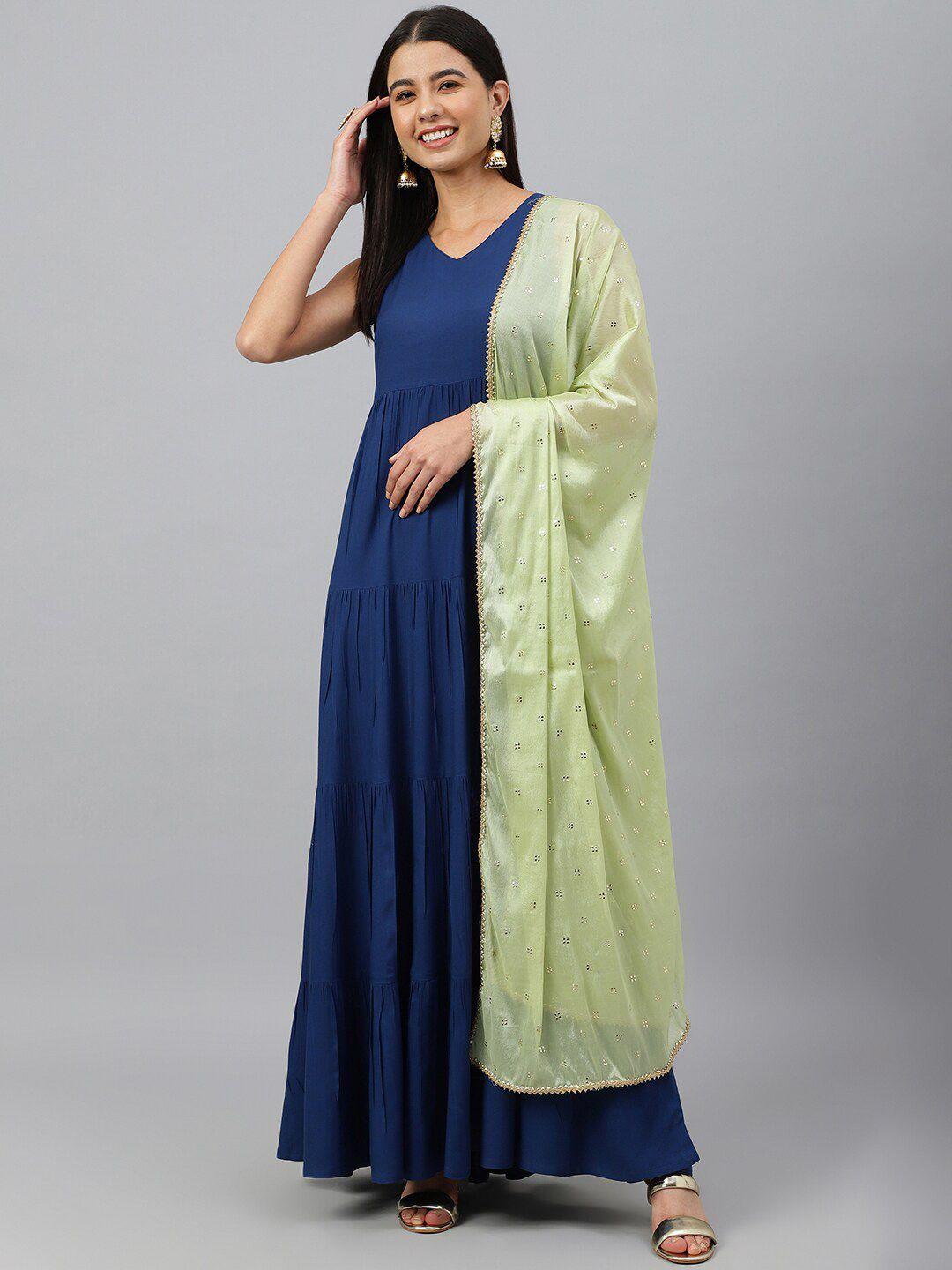 janasya women blue striped gotta patti anarkali kurta