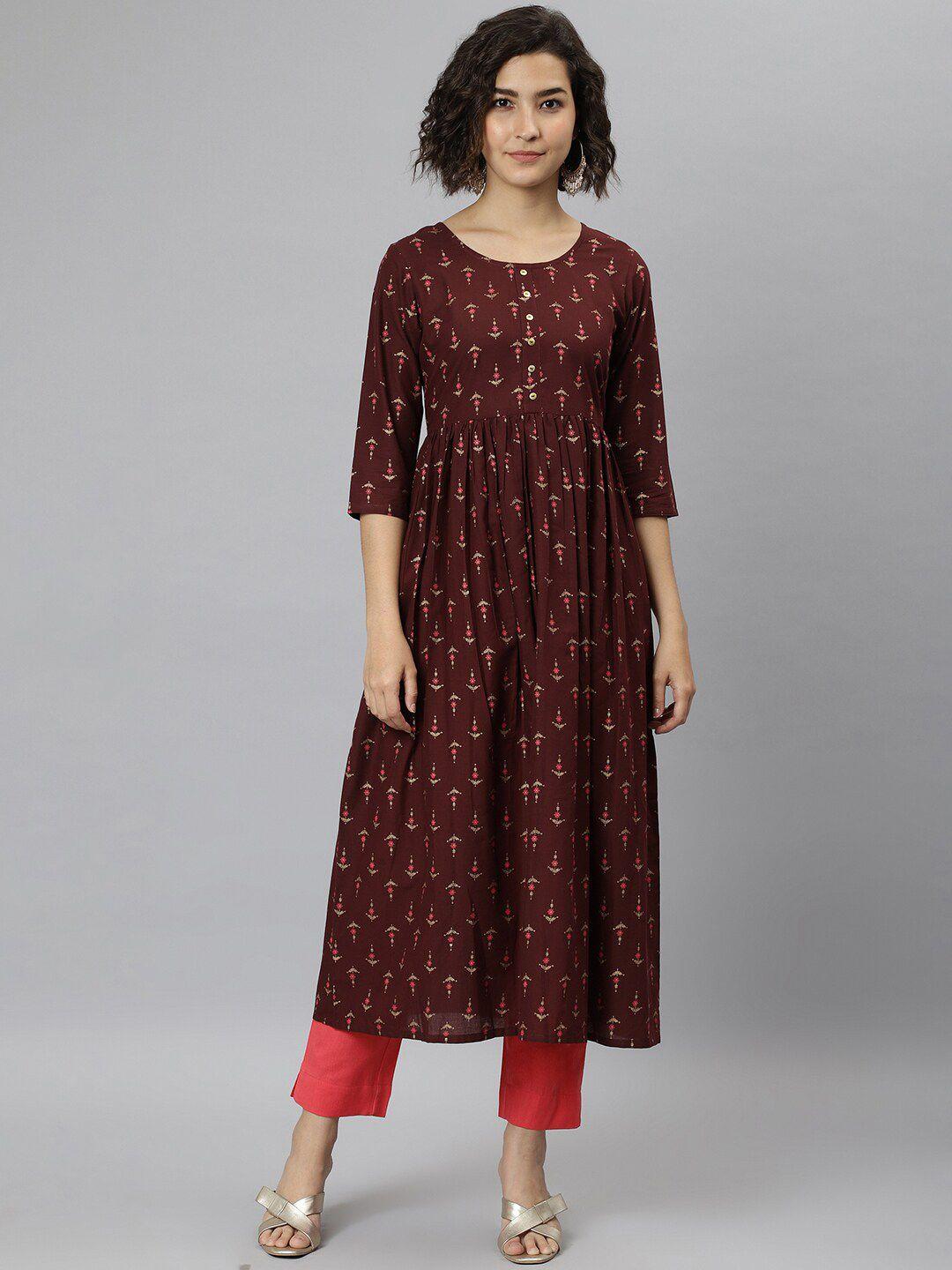 janasya women brown printed cotton kurta