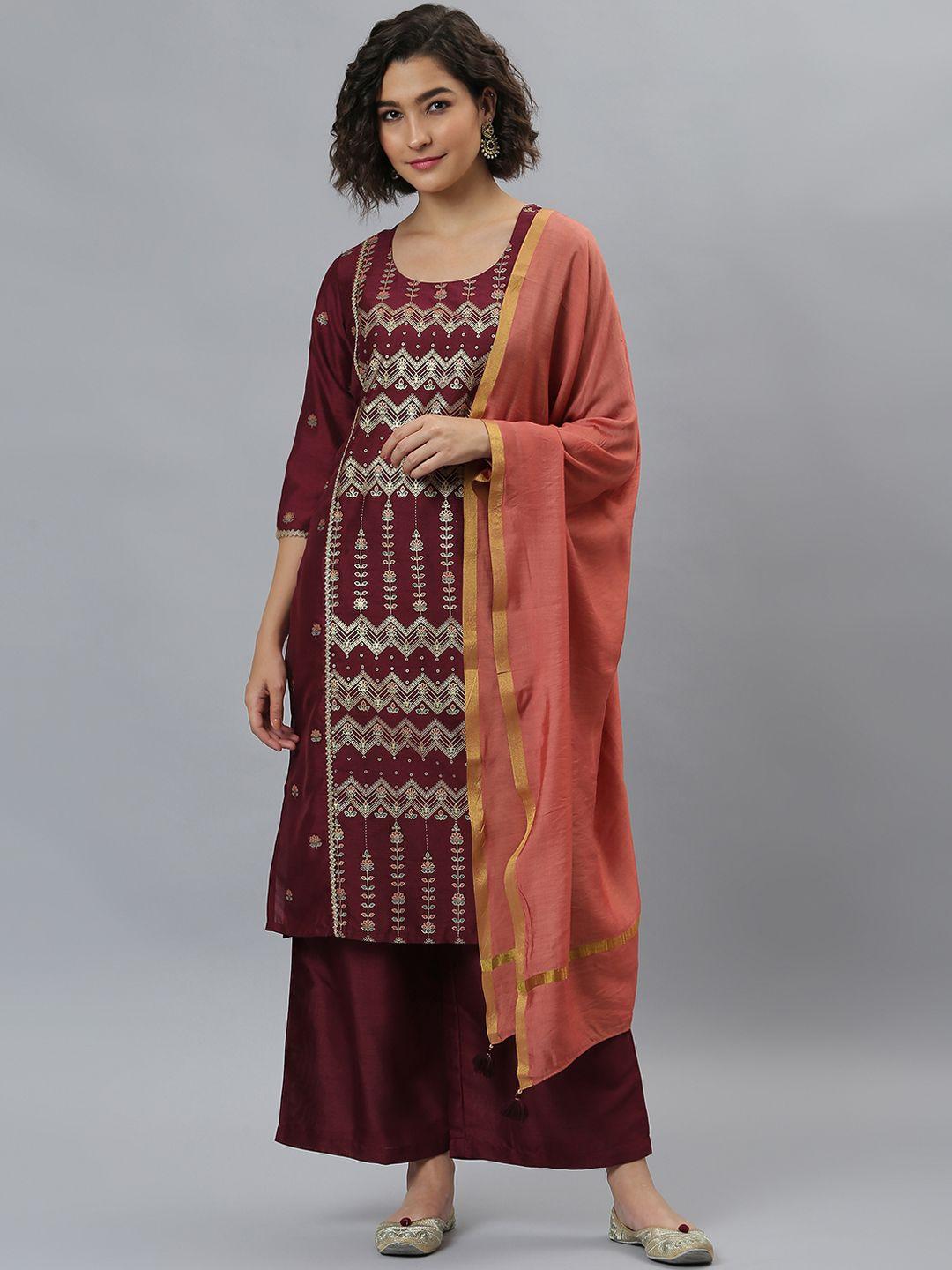 janasya women burgundy ethnic motifs printed regular kurta with trousers