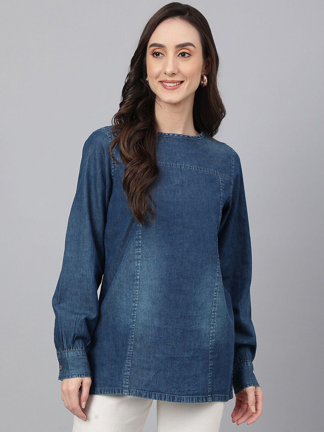 janasya women dark blue denim solid regular top