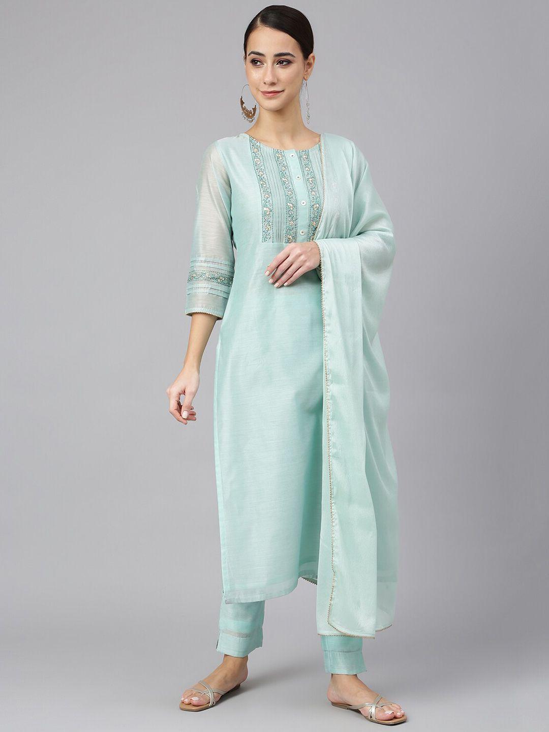 janasya women embroidered thread work kurta with trouser & with dupatta