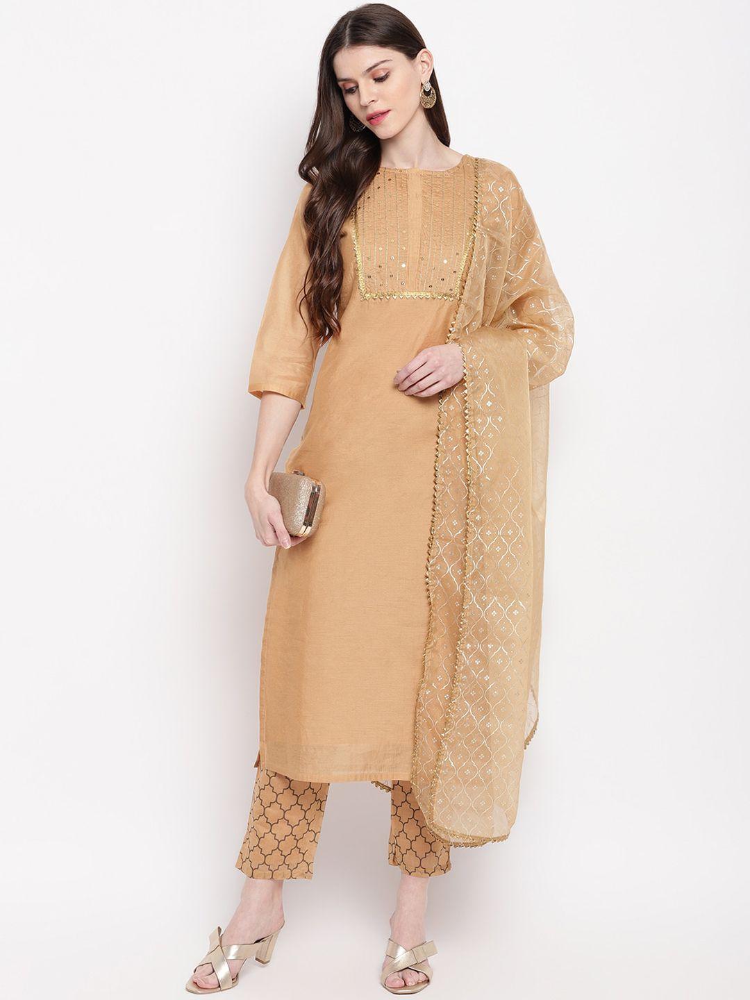 janasya women gold-coloured embroidered kurta with trousers & dupatta