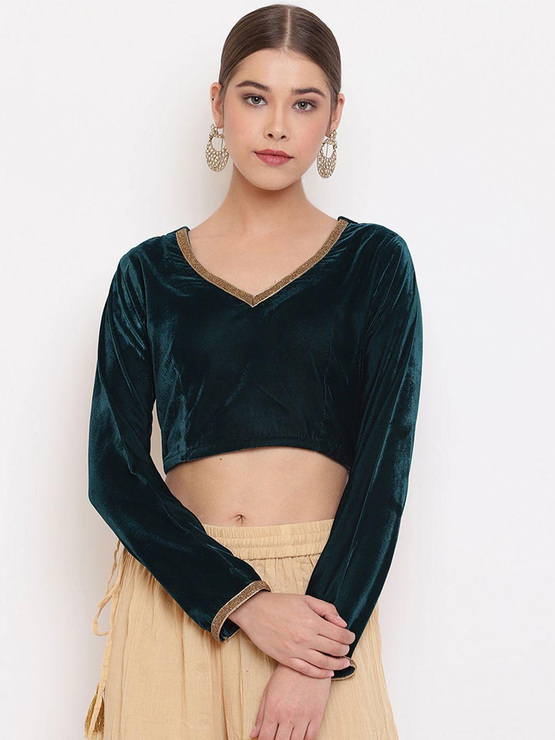 janasya women green & gold-coloured solid velvet saree blouse