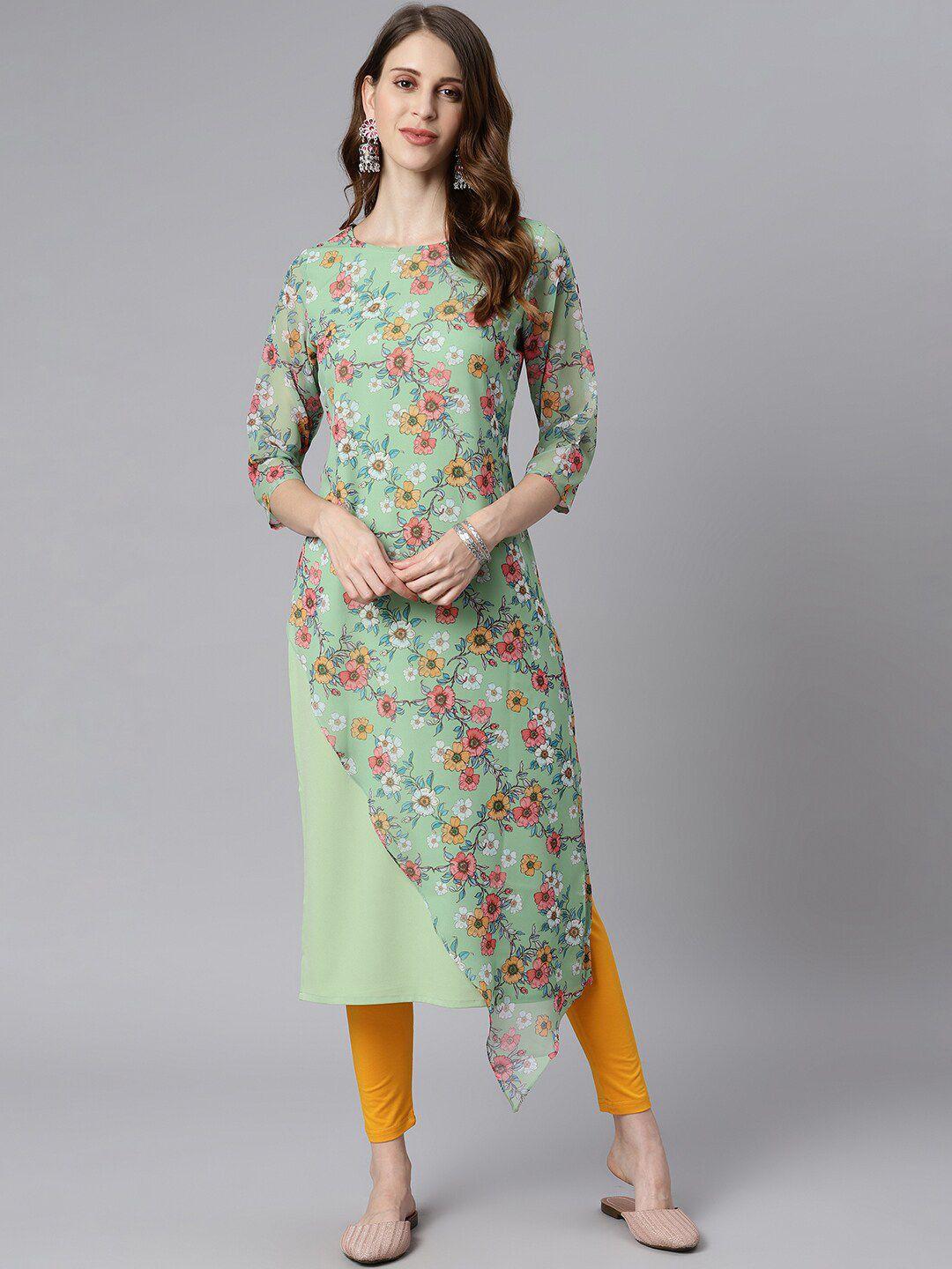 janasya women green & pink floral printed floral crepe kurta