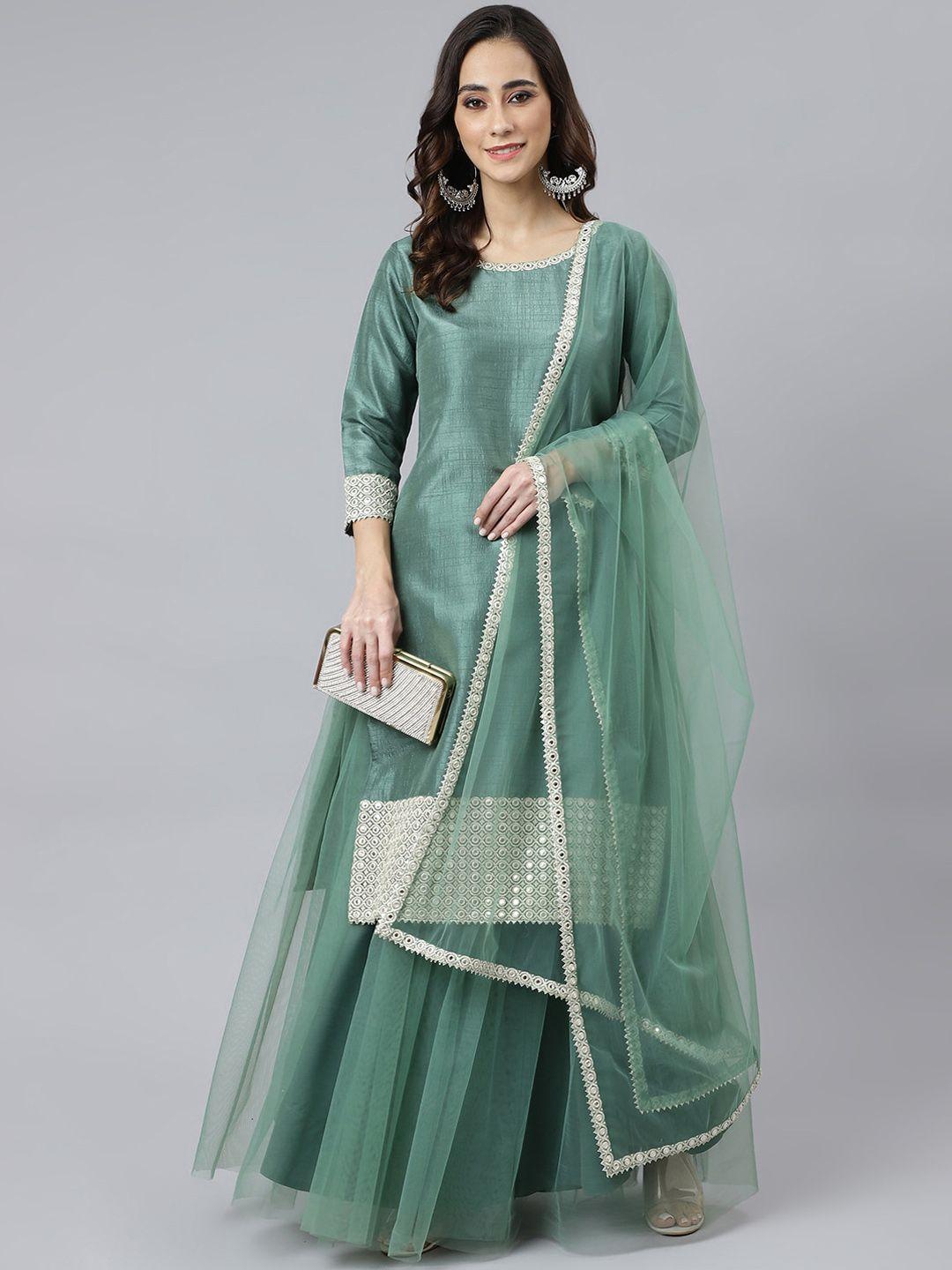 janasya women green chinon solid kurta with skirt and dupatta