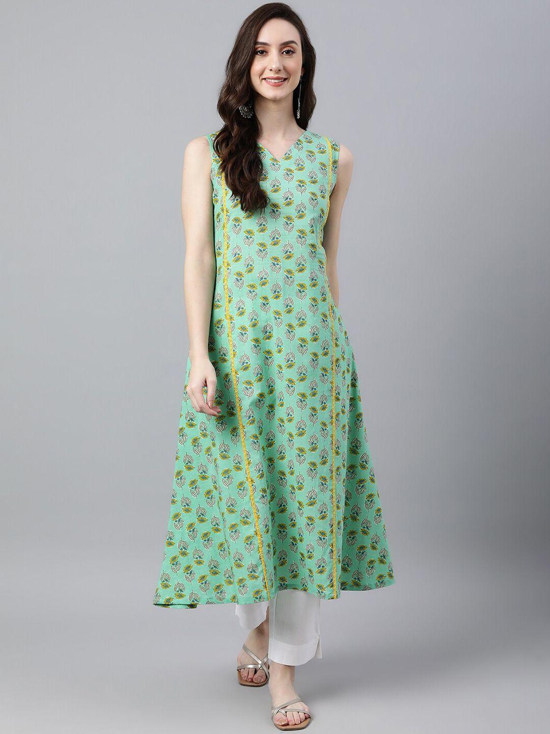 janasya women green cotton floral block print a-line kurta