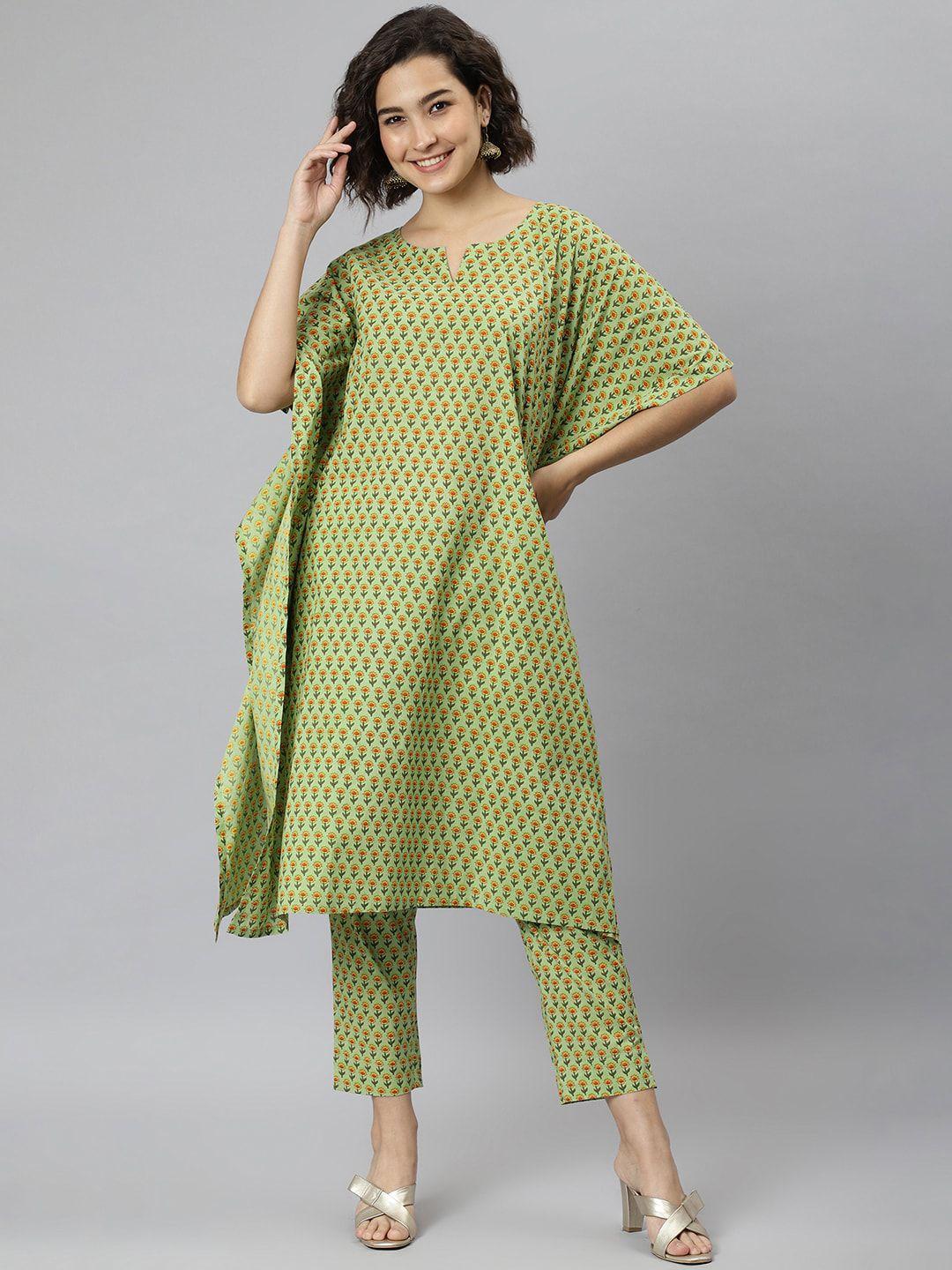 janasya women green printed pure cotton kaftan kurta with trousers