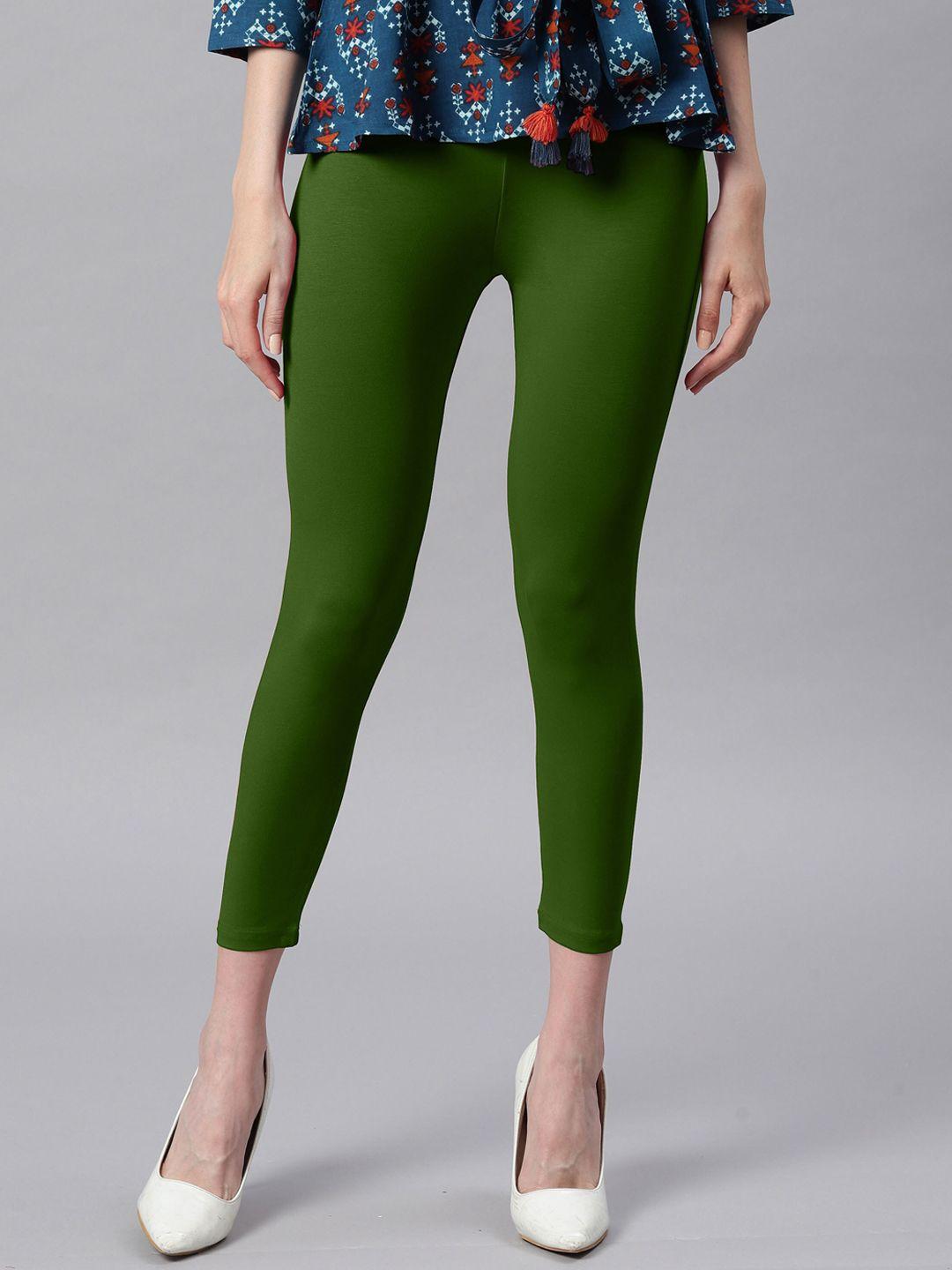 janasya women green solid ankle length leggings