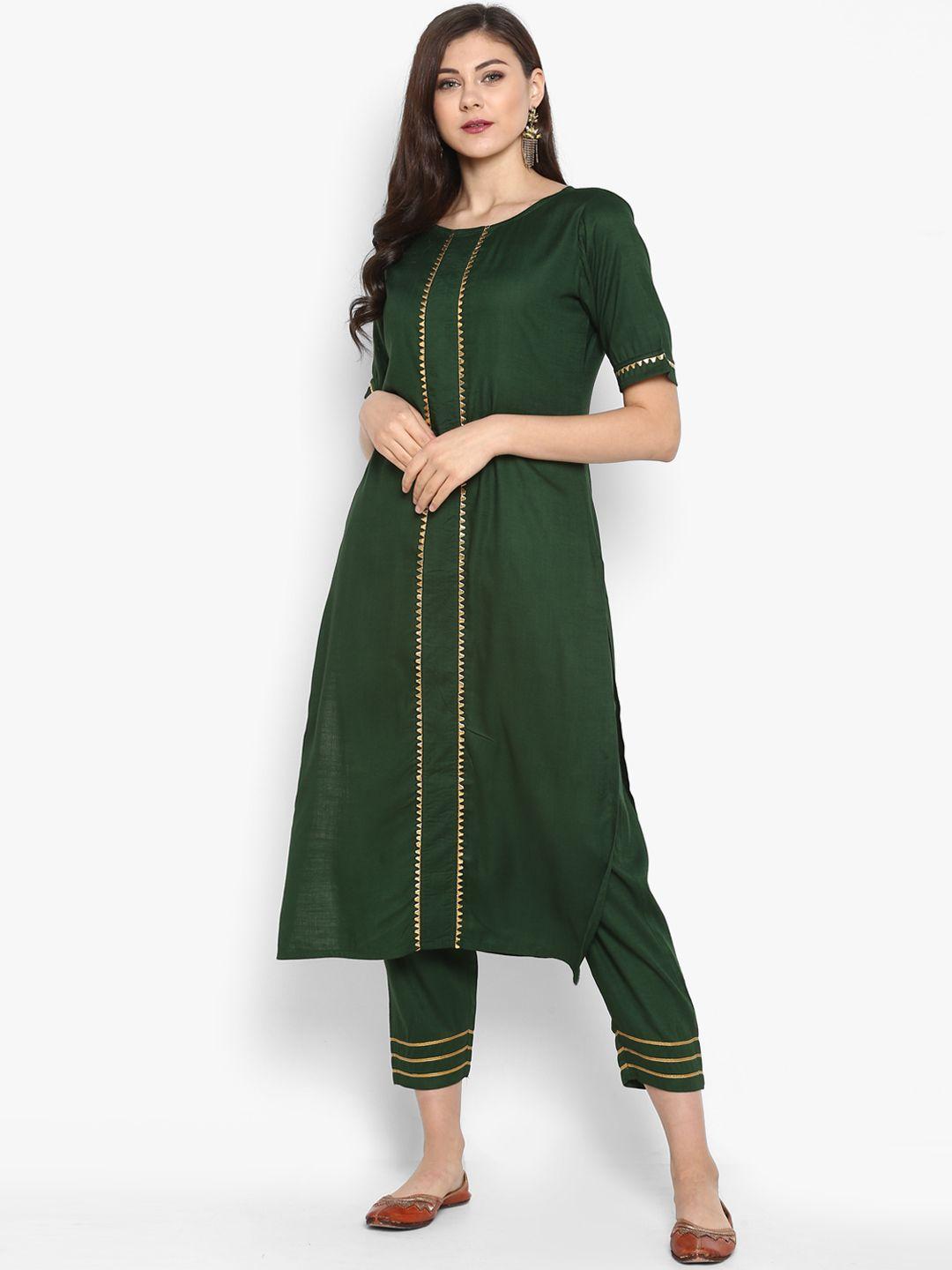 janasya women green solid kurta with trousers