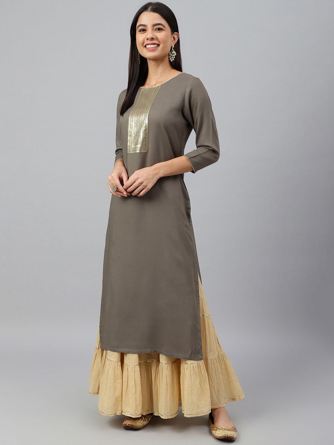 janasya women grey rayon solid straight kurta