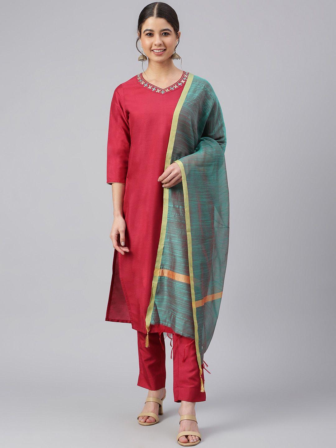 janasya women maroon crepe silk solid kurta with trousers and dupatta