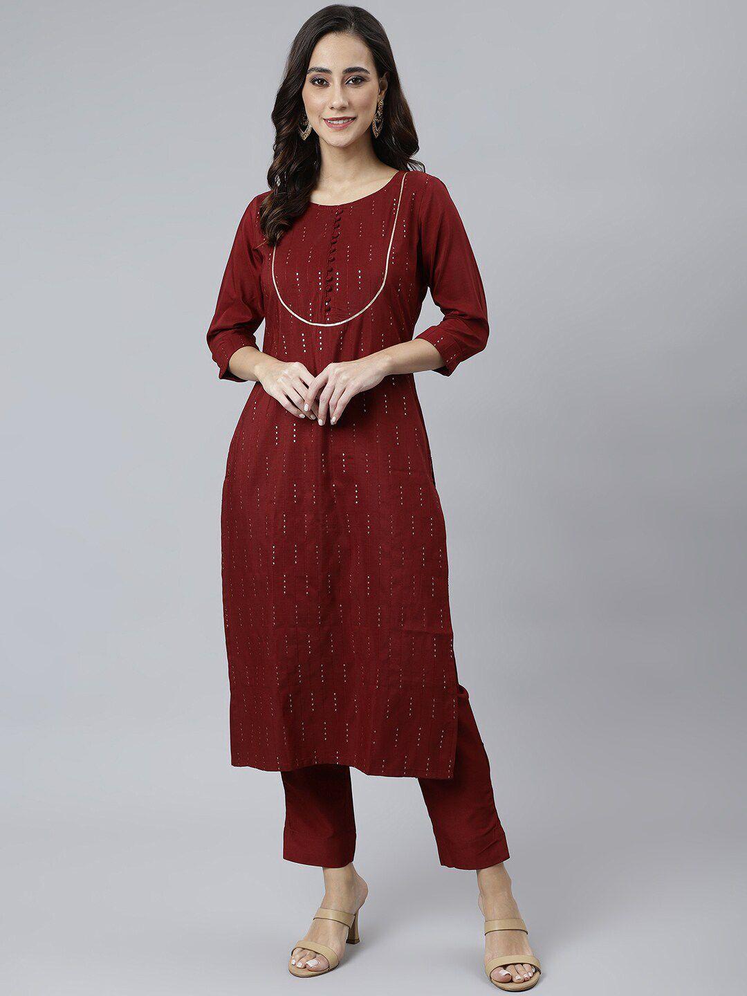 janasya women maroon embroidered sequinned kurta with trousers
