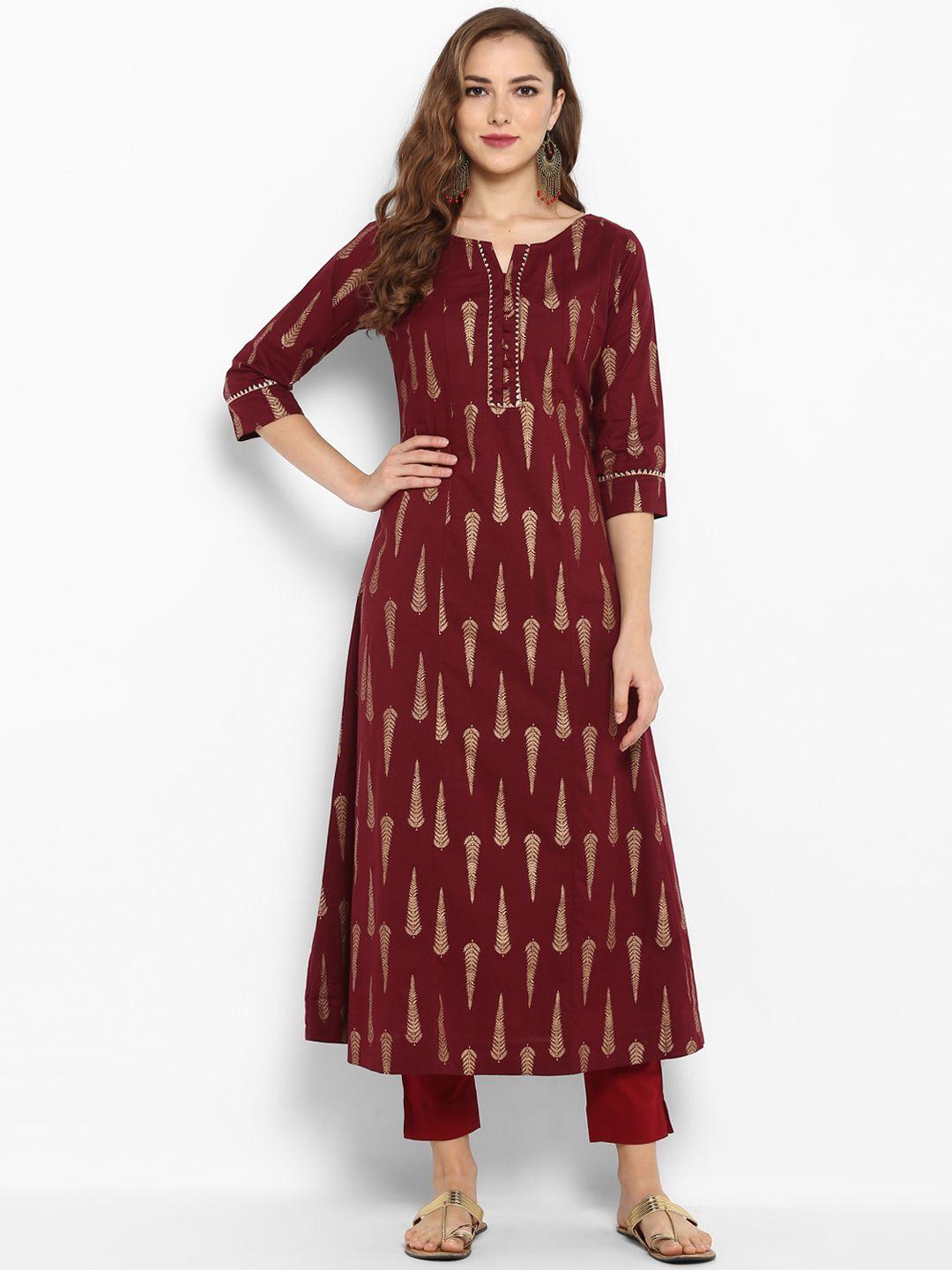 janasya women maroon printed anarkali kurta