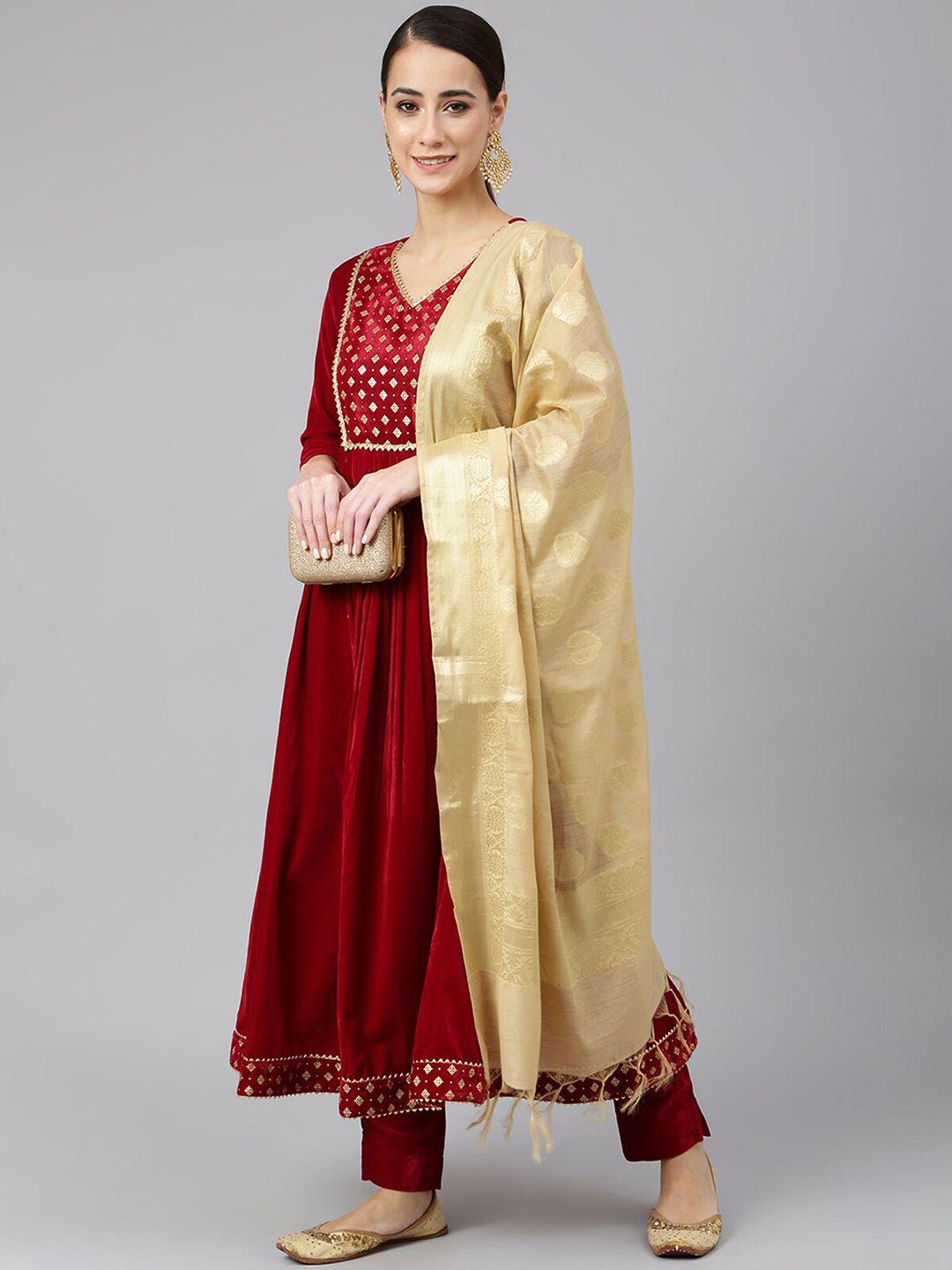 janasya women maroon printed velvet kurta with trousers & dupatta
