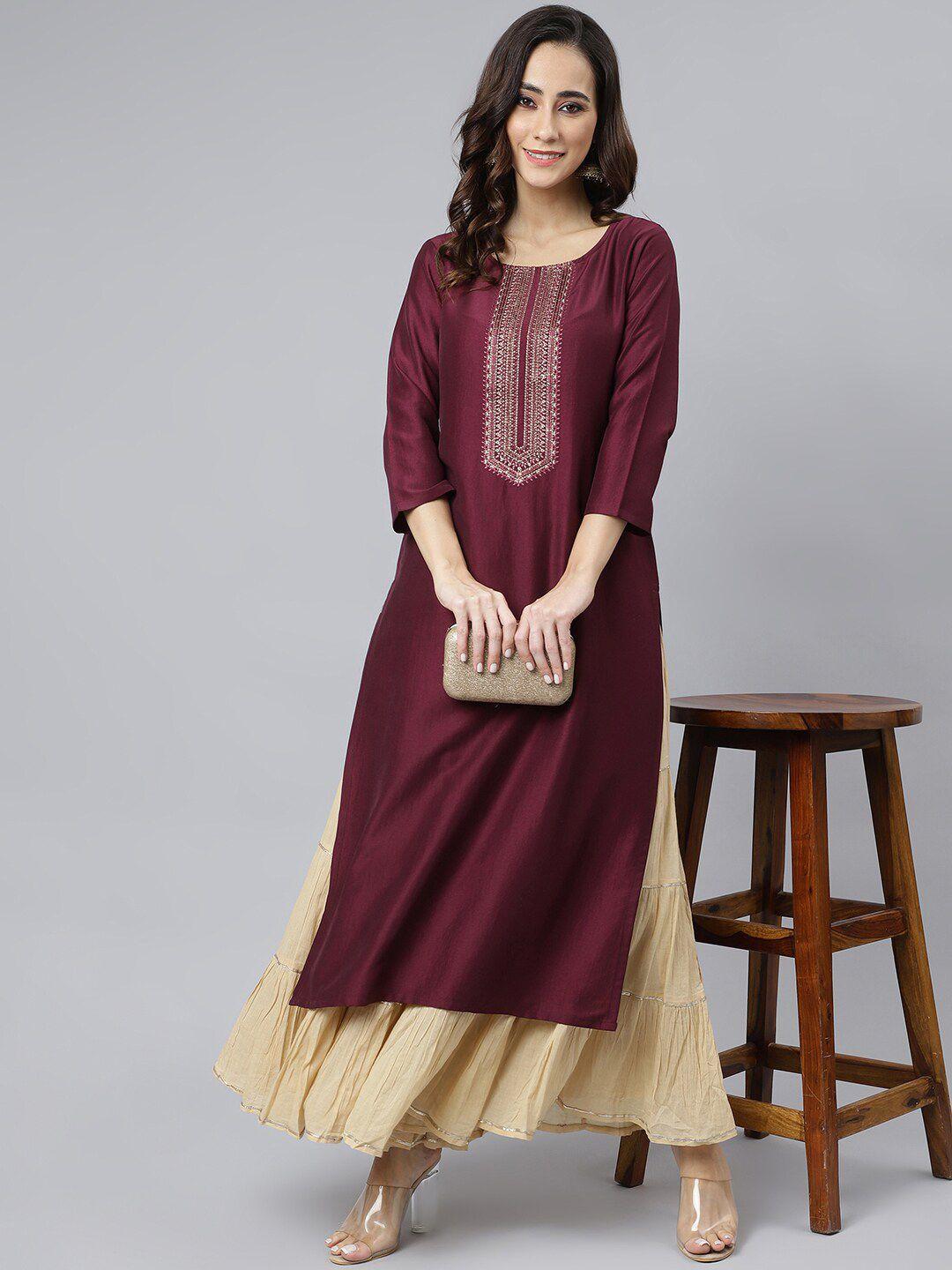 janasya women maroon yoke design kurta