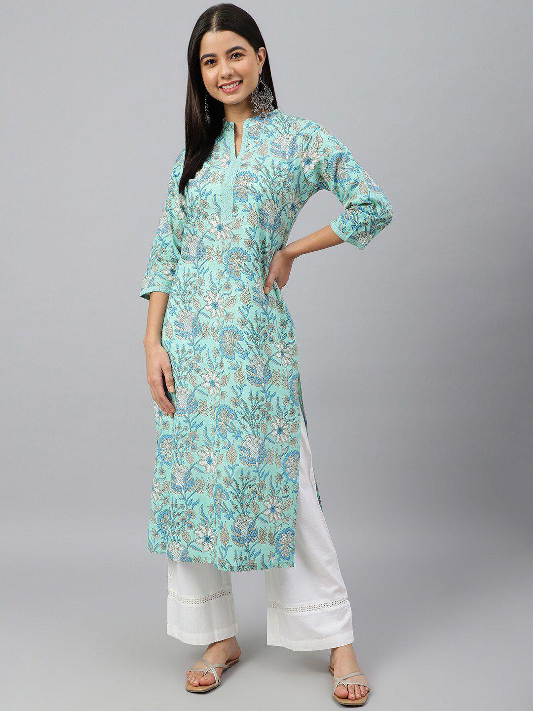 janasya women mint green cotton floral block print straight kurta