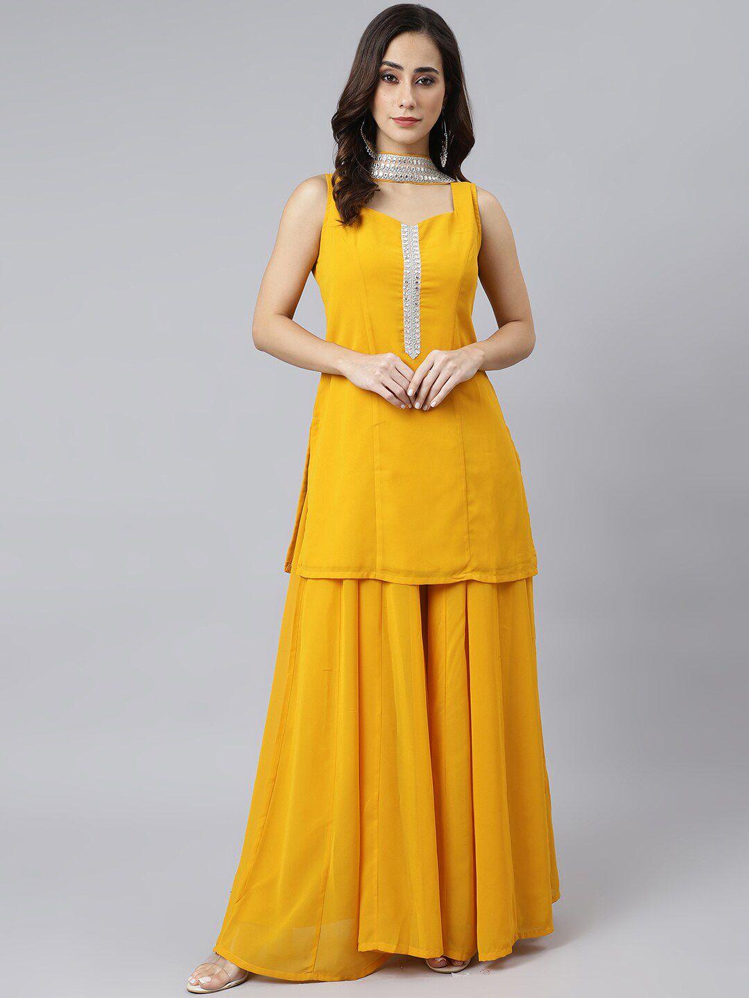 janasya women mustard georgette solid kurta with kali palazzo and dupatta